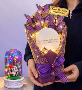 Kişiye Özel Aynalı Tasarım Led Işıklı Mor Kelebek Buketi (Renkli Işıklı Fanus Hediyeli) (Model 5)
