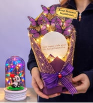 Kişiye Özel Aynalı Tasarım Led Işıklı Mor Kelebek Buketi (Renkli Işıklı Fanus Hediyeli) (Model 5)