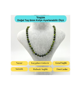 SERTİFİKALI Yeşim Doğal Taş 6mm Makrome Kolye 45cm- 55cm Ayarlanabilir Ölçü