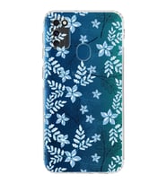Samsung Galaxy M21  Kamera Korumalı Kapak Floral Mavi Tasarımlı  Şeffaf  Kılıf