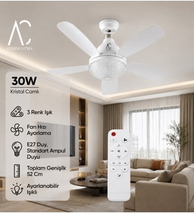 30W Kristal Camlı Tavan Vantilatörü E27 Duy Kumandalı 3 Renk Ayarlanabilir LED 52 cm Beyaz