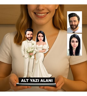 Kişiye Özel 2 Kişilik Gelin Damat Düğün Konseptli Sevgili Karikatürlü 18 cm MDF Masaüstü Biblo - Sevgiliye ve Eşe Hediye Çiftlere Özel Hediye