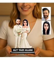 Kişiye Özel 2 Kişilik Gelin Damat Düğün Konseptli Sevgili Karikatürlü 18 cm MDF Masaüstü Biblo - Sevgiliye ve Eşe Hediye Çiftlere Özel Hediye