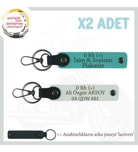Hediyelik İsim Plaka ve 0 Rh (+) Kan Grubu Yazılı Özel x2 Anahtarlık, K Turkuaz-Beyaz-Laci (Çok Renkli)