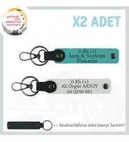Hediyelik İsim Plaka ve 0 Rh (+) Kan Grubu Yazılı Özel x2 Anahtarlık, K Turkuaz-Beyaz-Laci (Çok Renkli)