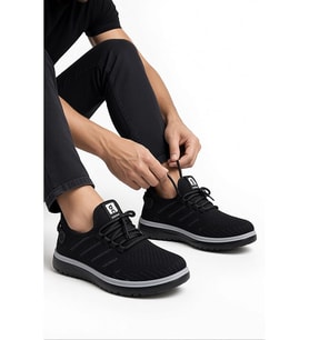 Erkek Triko Örme Faylon Taban Sneaker Yürüyüş Ayakkabısı-SİYAH FÜME