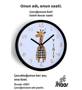 İsme Özel Sevimli Zürafa Çizimli Çocuk Odası Duvar Saati Orta Boy 30 cm Siyah Camlı Sessiz