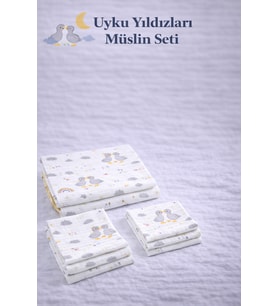 More Home % 100 Pamuk Müslin Örtü, Bebek Battaniyesi 5 Parça Set Gökkuşağı Ördekli Gri
