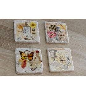 Vintage Kelebekli Kolaj Doğal Taş Bardak Altlığı 4'lü set - Natural Stone Coasters