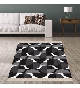 Geometrik Yuvarlak Desen Siyah Beyaz Dijital Baskı Yıkanabilir Kaymaz Taban Modern Salon Halısı (Siyah-Gri)