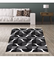 Geometrik Yuvarlak Desen Siyah Beyaz Dijital Baskı Yıkanabilir Kaymaz Taban Modern Salon Halısı (Siyah-Gri)