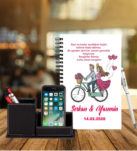 Sevgililer Gününe Özel Ahşap Defter Kalem & Deri Kaplama Kalemlik Hediye Seti 10