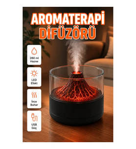 Volkanik Tasarımlı Aromaterapi Difüzörü – LED Alev Efekti ve 7 Renkli Işık