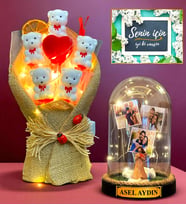 Led Işıklı Ayıcık Buketi ve Kişiye Özel Led Işıklı Biblolu Fanus - Kişiye Özel Premium Set (Model 9)