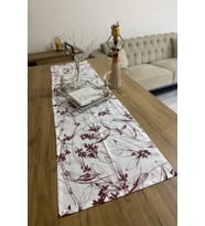 40x150 Bordo Çiçekli İnce Keten Dekoratif Runner