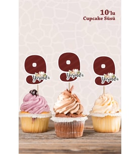 Safari Hayvanları Pastel 9 Yaşında CUPCAKE Süsü *10'lu Kalın Kağıt