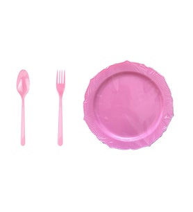Omeyva 26 Cm. Plastik Mika Pembe Sorfa Piknik Seti - 6 Kişilik Tabak Çatal Kaşık Takımı