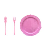 Omeyva 26 Cm. Plastik Mika Pembe Sorfa Piknik Seti - 6 Kişilik Tabak Çatal Kaşık Takımı