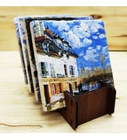 Alfred Sisley - Traverten Bardak Altlığı 4'lü Set Standlı