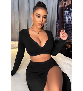 Kadın Siyah Uzun Kol Göğüs ve Göbek Dekolteli Fermuarlı Crop Top Bluz