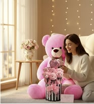 Premium 90 cm Peluş Ayı ve Silindir Kutuda, Kalpli Balonlu 6’lı Pembe Ayıcık Buketi (Fuşya)