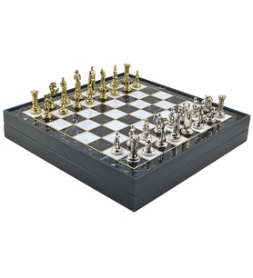 GiftHome Orta Boy Metal İNGİLİZ Satranç Takımı Parlak ve Mermer Desenli Sandıklı MDF Tahtası(36X36X6 cm.)