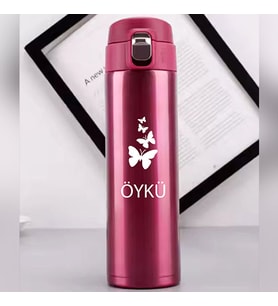 Kişiye Özel Lazer Baskılı 500ml Çelik Kelebek Baskılı Termos – Sızdırmaz, Vakumlu, Kilitli Kapak (Pembe)