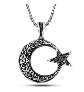 Gümüş Kelime-i Tevhid Yazılı Taşlı Erkek Kolye