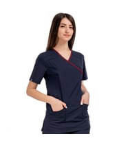 Kadın SPA  Hemşire Scrubs  Takım  Likralı Terry Cotton Lacivert-Bordo Biyeli (Renksiz)