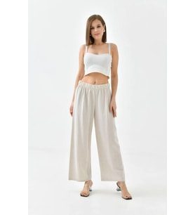 Kadın Keten Beli Lastikli Rahat Bol Paça Pantalon (Krem)