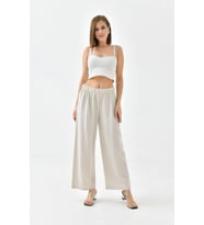 Kadın Keten Beli Lastikli Rahat Bol Paça Pantalon (Krem)