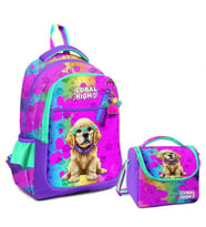 Coral High Üç Gözlü İlkokul Çantası ve Beslenme Çantası - Mor Pembe Köpek Desenli - Kız Çocuk