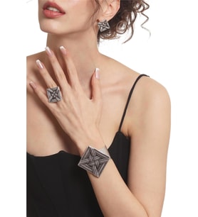 Kadın Antik Gümüş Kaplama Örgü Dokulu Geometrik Tasarım Küpe &Yüzük &Bilekik Set