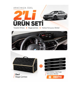 BMW G30 G31 G38 (2017-2023) Uyumlu Torpido Örtüsü + Deri Bagaj Çantası + Sticker Seti - Siyah Bej