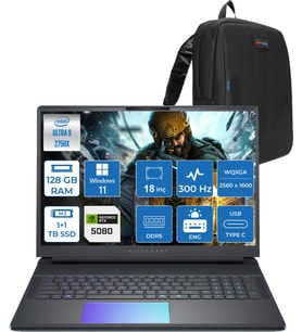 Dell Alienware 18 Area-51 AA18250 Ultra 9 275HX DDR5 128GB 1TB SSD+1TBSSD 16GB/RTX5080 175W 18inç WQXGA 300Hz 500Nits Windows11Pro Gaming Laptop AA1825080P52+ZettaÇanta