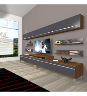 Decoraktiv Ekoflex 360Y Mdf Krom Ayaklı Tv Ünitesi Tv Sehpası - Ceviz Antrasit (Antrasit - Ceviz)