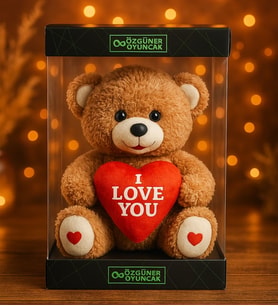 Oyuncak Ayıcı Özel Premium Kutu Içerisinde Sevgiliye Özel Kalpli (I LOVE YOU) Yazılı Sevimli Peluş Ayıcık (Kahverengi)