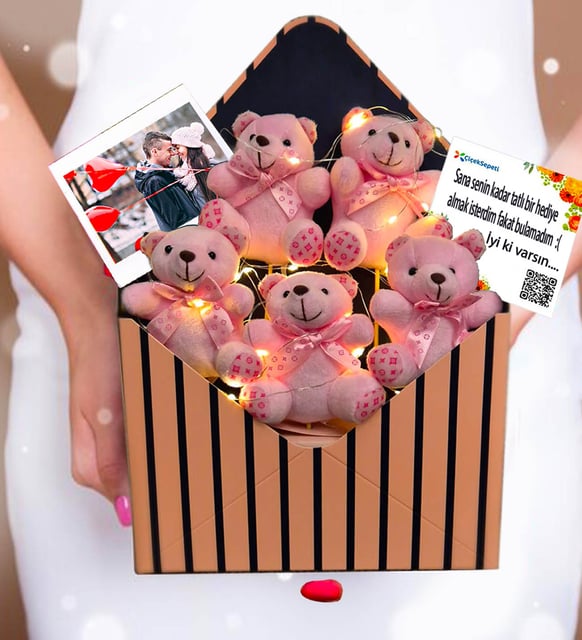 Kişiye Özel Fotoğraflı Led Işıklı Premium Pembe Peluş Ayıcık Buketi - Sevgililer Günü Hediyesi