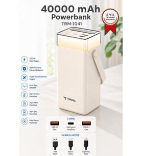 Torima Taşınabilir Batarya 40000 Mah Type-C Lightning Hızlı Şarj Rgb Işıklı 22,5W Powerbank TRM-1041 Beyaz
