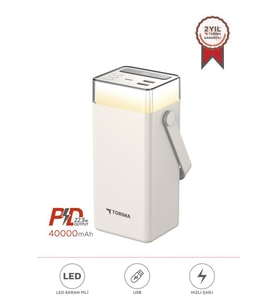 Torima TRM-1041 Beyaz 40000 mAh Type-C Lightning 22,5 W Hızlı Şarj  RGB Led Işıklı Powerbank
