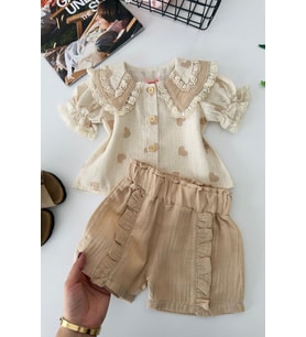 Miniğimin Cicileri Müslin Kalp Desenli Yakalı Kız Bebek 2 li Takım - Bej