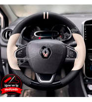 Renault Zoe Dikme Direksiyon Kılıfı Delikli Deri Parlak Siyah Bej Detay Çift Yüzük ve Dikiş 2012-2019