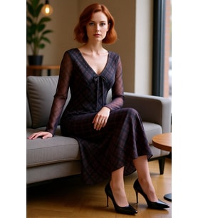 Kadın V Yaka Bodycon Ekose Maxi Elbise Bağlama Detaylı Uzun Kollu Şık Tül Dokulu Kışlık Kombin