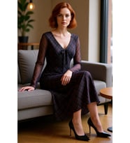 Kadın V Yaka Bodycon Ekose Maxi Elbise Bağlama Detaylı Uzun Kollu Şık Tül Dokulu Kışlık Kombin