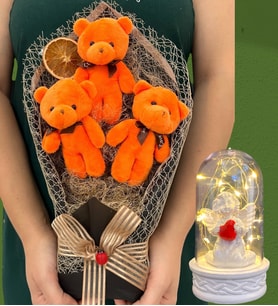 Büyük Boy 3'lü Peluş Ayıcık Buketi ve Led Işıklı Beyaz Melekli Fanus (Model 4)