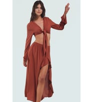 Yazlık Çok Desenli Viskoz Bluz Etek Takım Plaj Şıklığı İçin Uzun Ömürlü Modern Stil (Kahverengi)