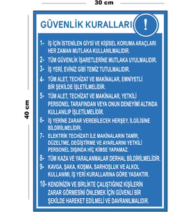 Metal Güvenlik Kuralları 30 cm x 40 cm A3 Büyüklüğünde Uyarı Levhası Yönlendirme Tabelası