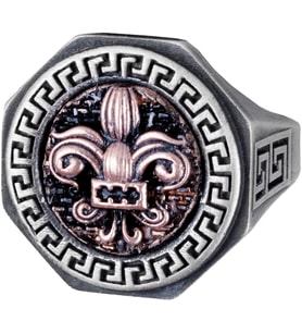 925 Ayar Gümüş Yüzük - Yunan Anahtarı Tasarımı Erkek Yüzüğü - El Yapımı Yüzük (Fleur-de-Lis)