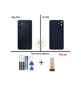 Samsung Galaxy A15 Mavi Siyah Uyumlu Lensli Arka Kapak + Yapıştırıcı ve Vida Seti Arka Cam Pil Kapağı Batarya Kapağı Lazer Kesim