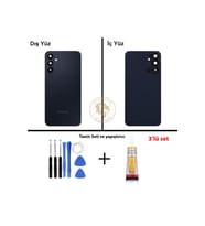 Samsung Galaxy A15 Mavi Siyah Uyumlu Lensli Arka Kapak + Yapıştırıcı ve Vida Seti Arka Cam Pil Kapağı Batarya Kapağı Lazer Kesim